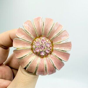 Vintage Flower Rhinestone MarbledSalmon Pink Enamel Brooch